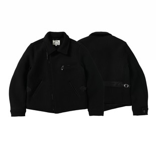 ACE浮生出品30S复古巨厚羊毛呢拼接马皮运动斜拉机翻领车夹克