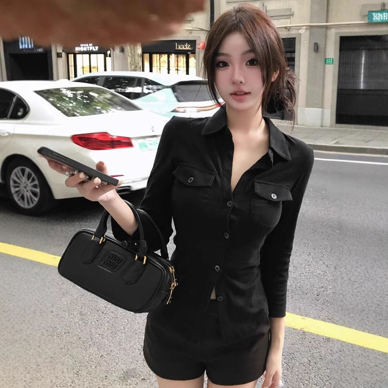 气质纯欲风性感翻领长袖衬衫女春夏修身收腰衬衣白色开衫上衣跨境