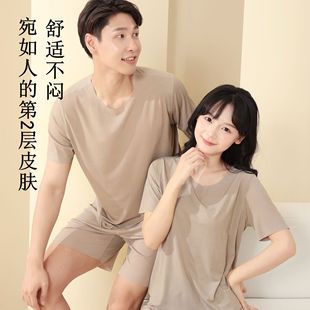 女士睡衣螺纹夏天薄款 无痕冰丝家居服套装 短裤 情侣男士 短袖