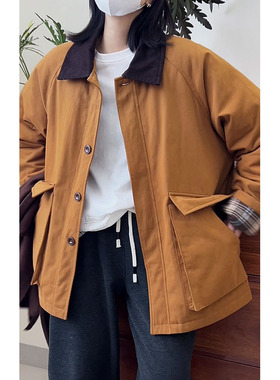 567韩系撞色灯芯绒翻领棉服加厚外套女宽松休闲工装巴恩风棉衣冬