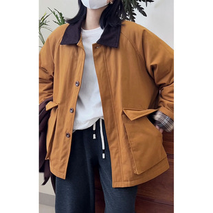 567韩系撞色灯芯绒翻领棉服加厚外套女宽松休闲工装 巴恩风棉衣冬