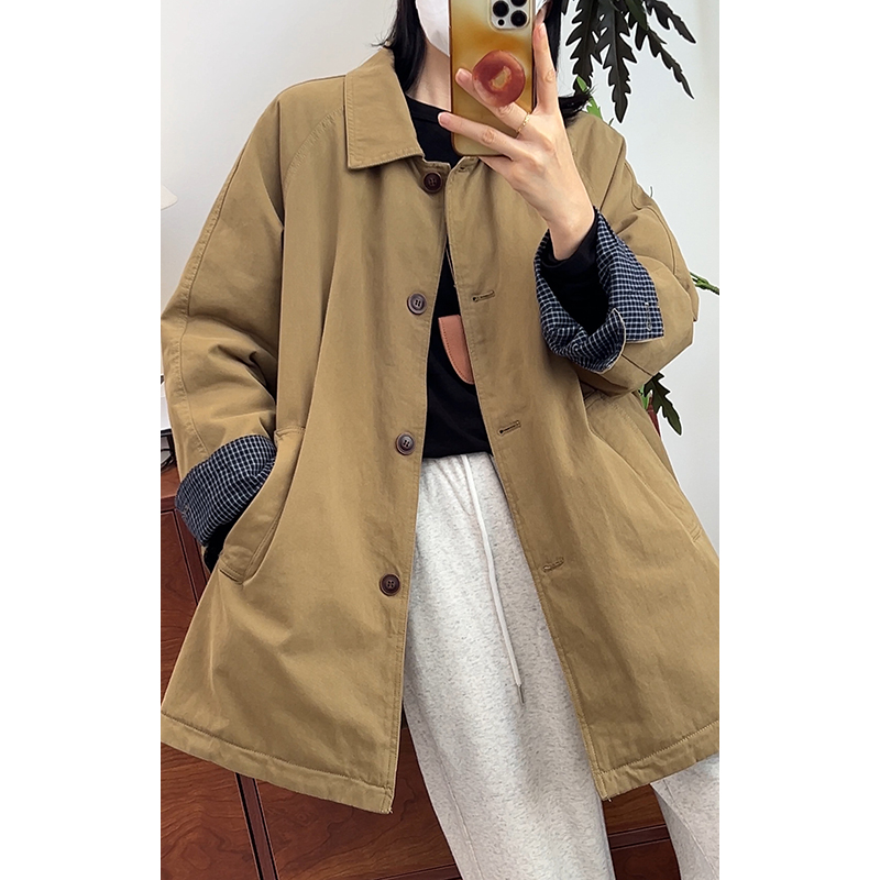 日系翻领格纹拼接中长款棉服女宽松休闲工装加厚外套百搭保暖棉衣