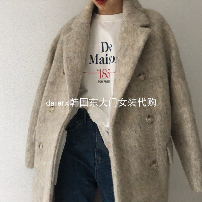 韩国燕麦色加厚翻领羊绒大衣现货