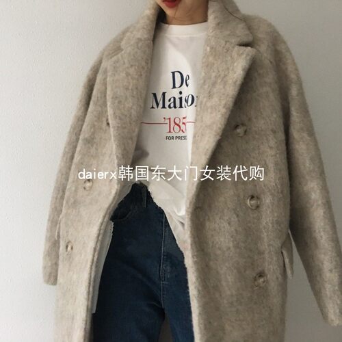 韩国燕麦色加厚翻领羊绒大衣现货