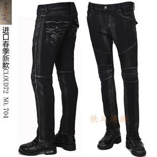 进口CLOUD72高端潮酷印第安哈雷骑士骑行高弹小脚铅笔裤 男 牛仔裤