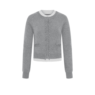 UR&DC2025春季新款气质撞色拼接假两件木耳边针织开衫女短款外套