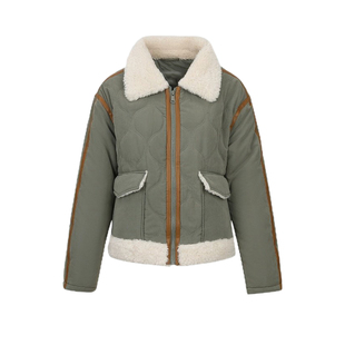 UR&DC2025冬季新款时尚拼接毛绒翻领撞色绗缝宽松棉服短款外套女