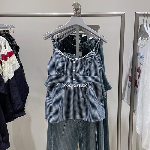 UR&DC2026夏季新款休闲田园风格纹花边收腰系带吊带衫女短款上衣