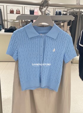 UR&DC2026春季新款绞花刺绣小翻领POLO修身短袖针织衫女短款上衣