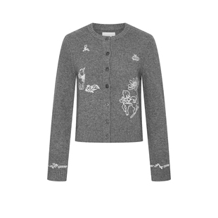 UR&DC2026春季新款法式休闲撞色童趣提花短款圆领针织开衫女上衣