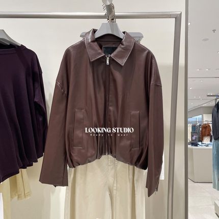 UR&DC2025秋季新款复古美拉德穿搭琥珀流光风宽松PU皮短款外套女