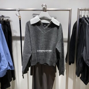 UR&DC2025冬季新款潮流撞色拼接假两件翻领短款长袖针织衫女上衣