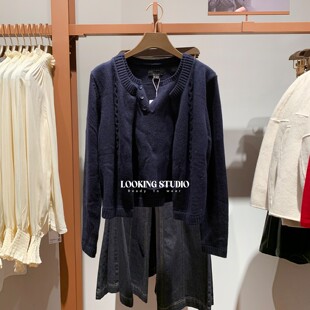 UR&DC2025秋季新款简约休闲格雷系假两件拼接长袖针织衫女短上衣