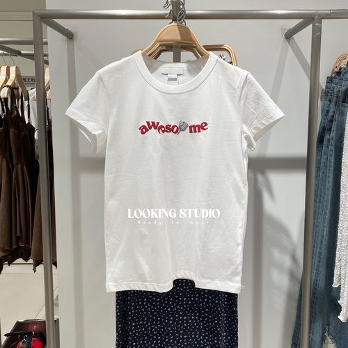 UR&DC2025夏季新款休闲风创意字母印花纯棉白色圆领短袖T恤女上衣