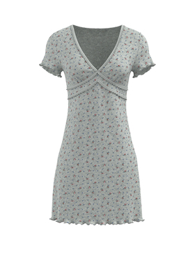 UR&DC2025夏季新款bm风灰色木耳边碎花V领拼接短款收腰修身连衣裙