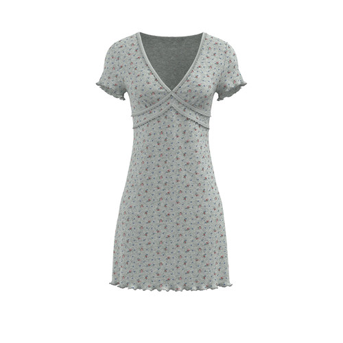 UR&DC2025夏季新款bm风灰色木耳边碎花V领拼接短款收腰修身连衣裙