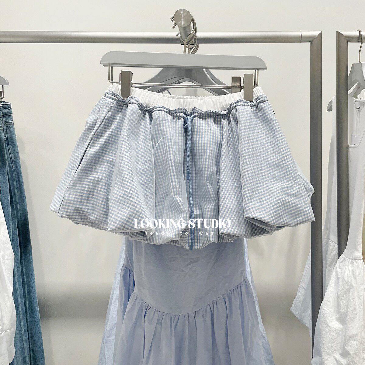 UR&DC2025夏季新款法式时尚休闲撞色格纹短款系带花苞裙半裙短裙