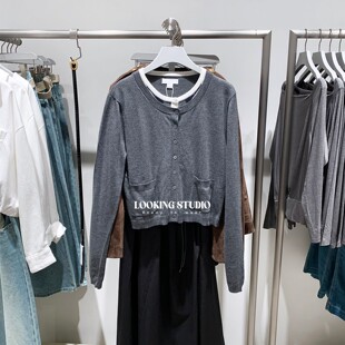 UR&DC2025秋季新款学院风休闲撞色假两件圆领短款针织开衫女上衣