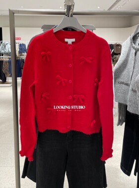 UR&DC2026春季新款法式甜美减龄蝴蝶结饰短款长袖针织开衫女上衣