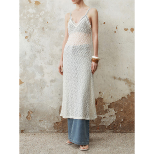 UR&DC2025夏季新款法式休闲度假感蕾丝花边镂空吊带连衣裙中长裙