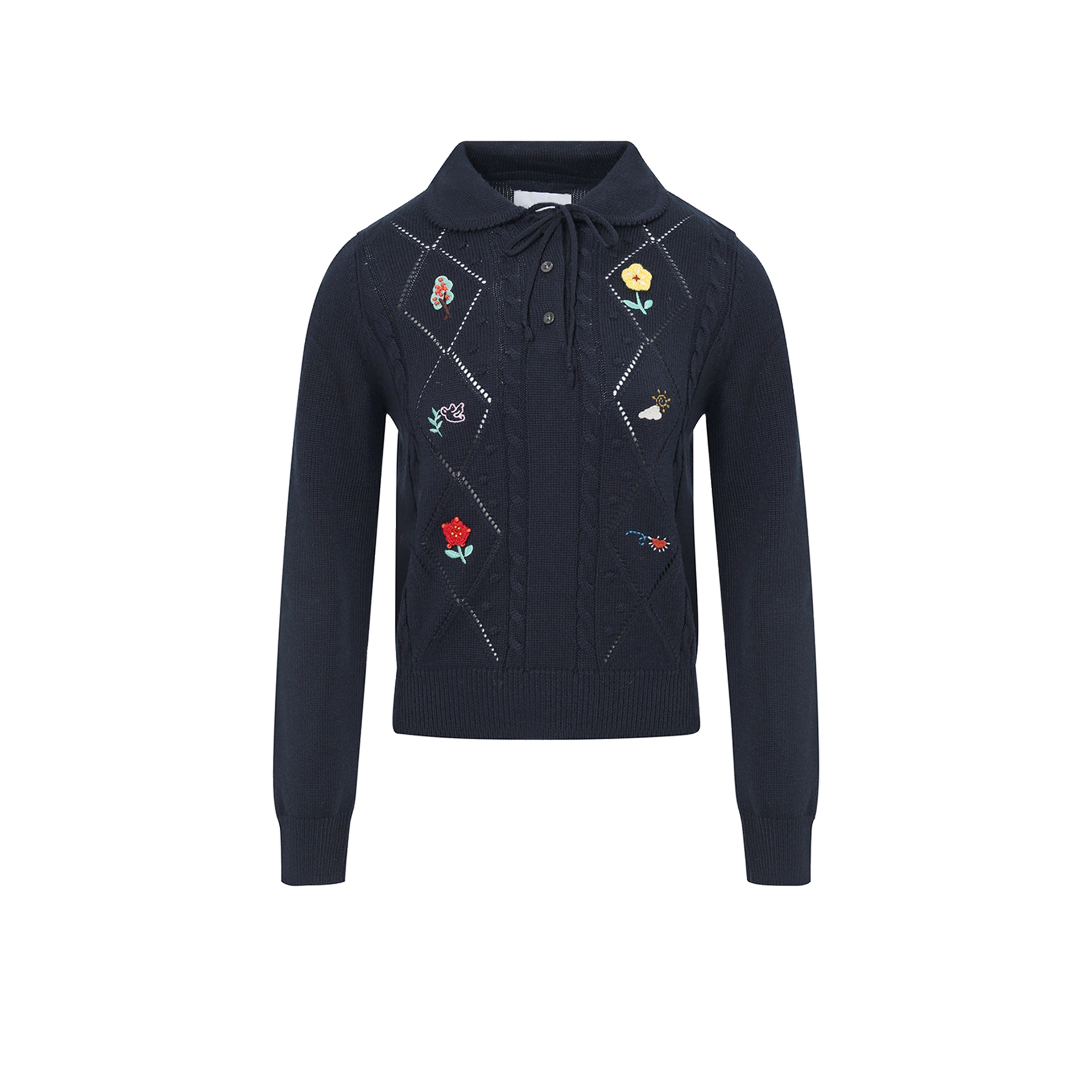 UR&DC2025秋季新款立体花朵装饰娃娃领系带长袖针织衫女短款上衣