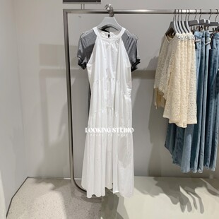 UR&DC2025夏季新款设计感度假风时尚圆领褶皱拼接无袖连衣裙长裙