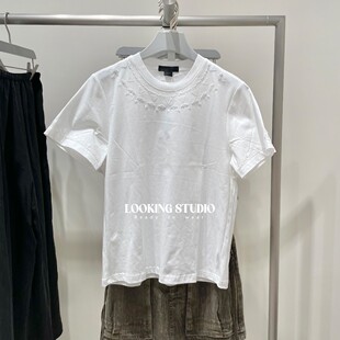 UR&DC2025夏季新款宽松时尚休闲刺绣钉珠装饰白色圆领短袖T恤女棉