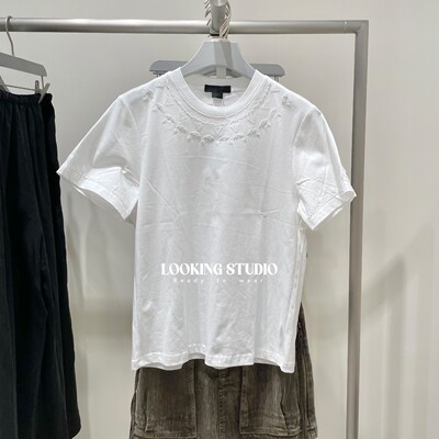UR&DC2025夏季新款宽松时尚休闲刺绣钉珠装饰白色圆领短袖T恤女棉