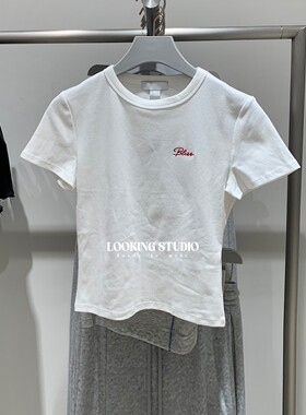 UR&DC2025夏季新款简约休闲风字母刺绣修身圆领短袖T恤女短款上衣