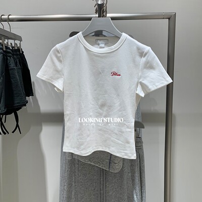 UR&DC2025夏季新款简约休闲风字母刺绣修身圆领短袖T恤女短款上衣