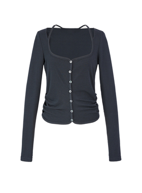 UR&DC2026春季纯欲风上衣方领抽褶针织开襟薄款长袖T恤女打底衫薄