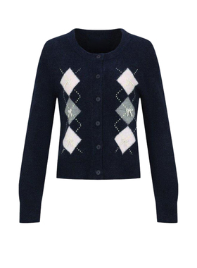 UR&DC2026春季新款气质休闲学院风菱格蝴蝶结针织开衫女短款上衣