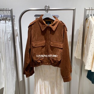 UR&DC2025秋季新款美拉德城市游猎复古麂皮绒工装翻领短款外套女