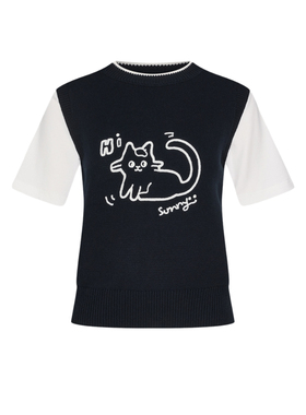 UR&DC2026年春季新款撞色拼接立体萌宠刺绣短袖针织衫女短款上衣