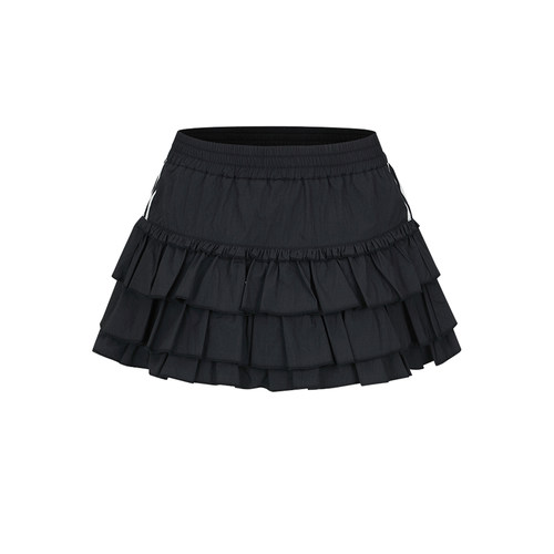 UR&DC2025夏季新款百搭甜酷运动风松紧腰蛋糕半裙黑色叠层短裙子