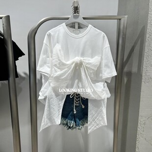UR&DC2025夏季新款设计感蝴蝶结装饰宽松圆领短袖T恤女棉白色上衣