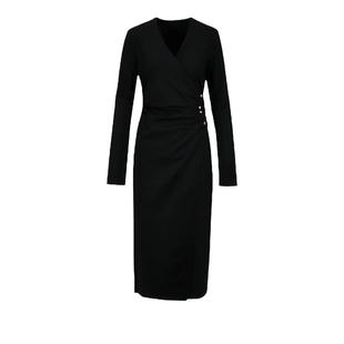 UR&DC2024春季新款女装轻熟风优雅收腰褶皱黑色长袖V领连衣裙长裙