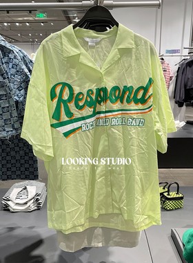 UR&DC2025夏季新款休闲宽松翻领绿色字母印花薄款短袖衬衫女潮流