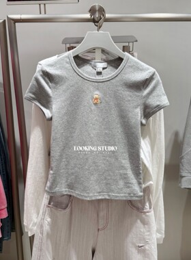 UR&DC2026春季新款日常撞色小兔图案修身圆领短袖T恤女棉短款上衣