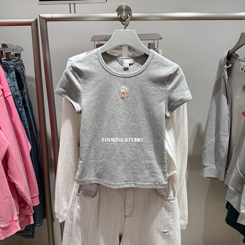 UR&DC2026春季新款日常撞色小兔图案修身圆领短袖T恤女棉短款上衣