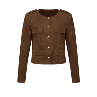 UR&DC2024秋冬新款复古雅丹风小个子麂皮绒金属扣圆领短款外套女