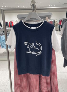 UR&DC2026年春季新款撞色拼接立体萌宠刺绣短袖针织衫女短款上衣