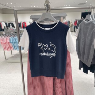 UR&DC2026年春季新款撞色拼接立体萌宠刺绣短袖针织衫女短款上衣