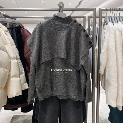 UR&DC2025冬季新款慵懒风假两件法式设计感披肩立领长袖针织衫女