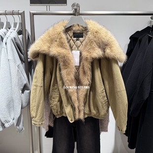 UR&DC2025冬季新款时尚潮流流光风拼接毛领超宽松短款棉服外套女