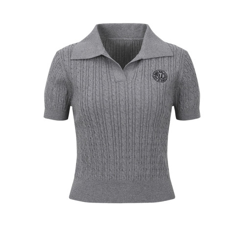 UR&DC2026夏季miu学院风刺绣灰色短袖polo衫短款针织上衣女针织衫