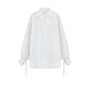 UR&DC2025春季新款法式气质蝴蝶结系带罩衫白色长袖衬衫女棉上衣