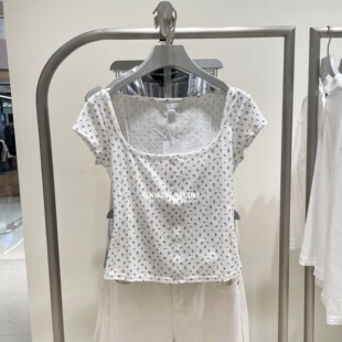 T恤女短款 UR&DC2026春季 短袖 bm撞色碎花方领纽扣棉质修身 上衣 新款