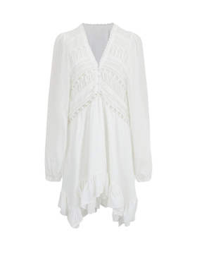 UR&DC2026春季新款法式气质度假风拼接蕾丝花边长袖V领白色连衣裙