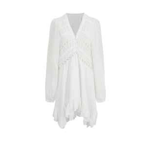 UR&DC2026春季新款法式气质度假风拼接蕾丝花边长袖V领白色连衣裙